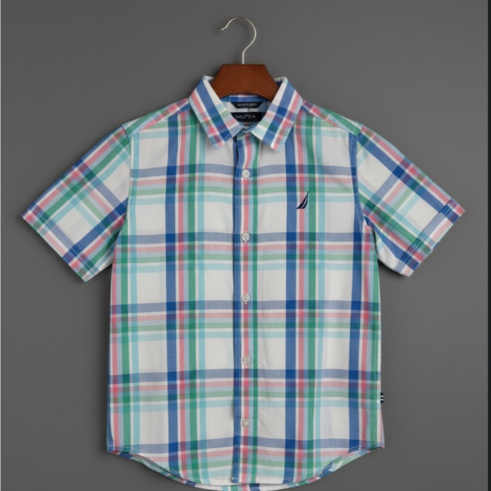 NAUTICA  Boys Shirt Small S/P/CH Multi-Color Plaid Short Sleeve Preppy